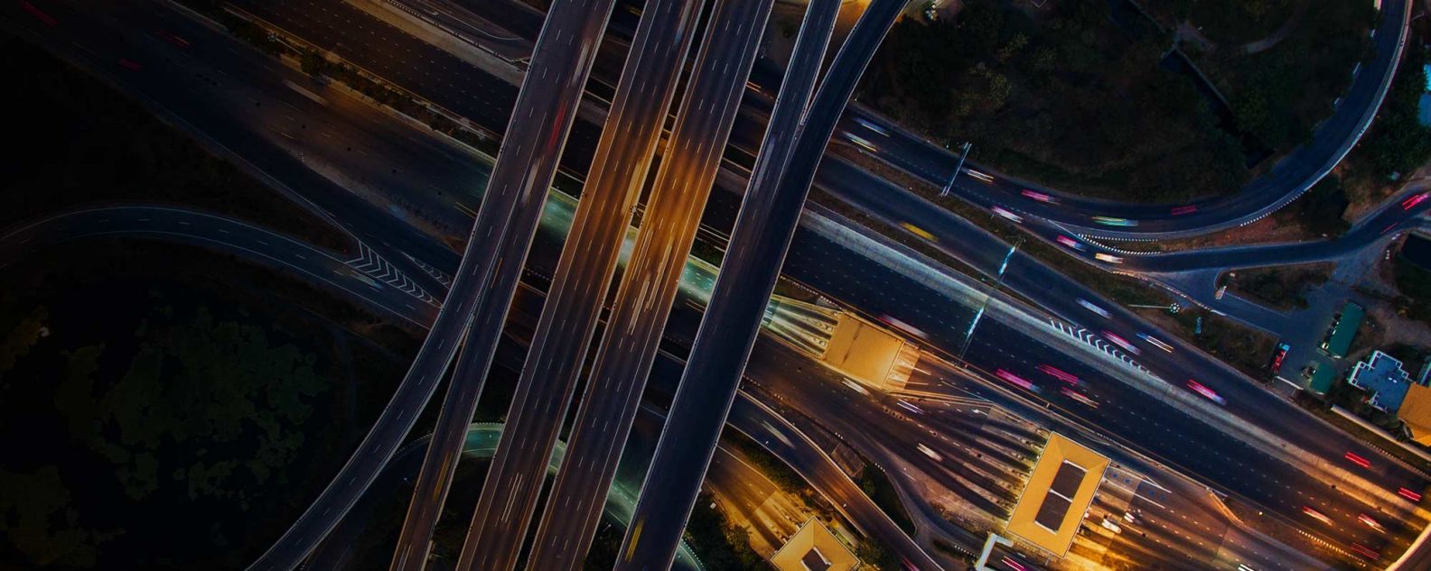skyview of a highway at night