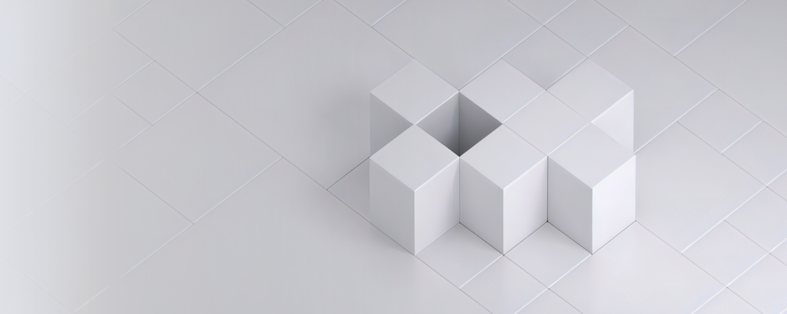七个白色立方体排列在白色正方形网格上所形成图案的逼真图像或照片
